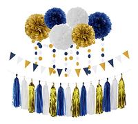23 piezas de decoración de fiesta azul marino, oro blanco y azul marino, flores de papel, banderas de triángulo, guirnaldas, borla de cumpleaños, despedida de soltera de bebé, despedida de soltera, revelar género, decoraciones de compromiso sorpresa duradera