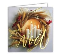 23088 Tarjeta Cuadrada Feliz Navidad Dorada Brillante con sobre Cuadrado Blanco, Formato 15 x 15 cm, Corona de pastos de Bayas Rojas y 4 Velas de adviento encendidas, Interior Blanco, Fabricado en