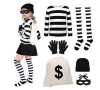 23GUANYI Disfraz Ladron, Disfraz Carnaval Niña, Disfraces de Preso con Máscara Ladrón Guantes Bolsa Dinero Calcetines Sombrero y Camiseta, Disfraces Carnavals Delincuente para Carnaval, Cosplay