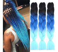 24" 60cm Extensiones de Pelo Sintético para Hacer Trenzas Africanas Postizas Cabello Trenzado Ganchillo Ombre Jumbo Braids 300g Crochet Box Twist, Negro&Zafiro&Cielo azul