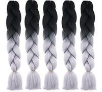 24" 60cm Extensiones de Pelo Sintético para Trenzas Africanas 5PCS Ombre Jumbo Braiding Crochet Twist Extensiones de Trenzado de Cabello 500g Postizas (Negro&Gris plateado)