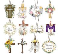 24 adornos colgantes de Pascua con texto en inglés "He is Risen", pequeños adornos de cruz religiosa para árbol de primavera, colgantes de plantas en maceta con cuerda para Pascua, iglesia cristiana,