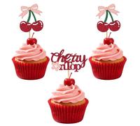 24 Adornos Cupcakes Cherry On Top, Palillos para Tartas con Temática de Frutas con Purpurina Roja para Cumpleaños Baby Shower Despedida de Soltera