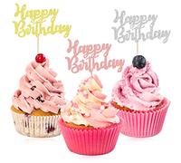 24 adornos para cupcakes de feliz cumpleaños, adornos para cupcakes con purpurina, para celebrar cumpleaños, púas para cupcakes para celebrar el feliz cumpleaños, suministros (3 colores)
