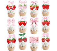 24 adornos para cupcakes de fresa con lazo rosa, decoración de fiesta de cumpleaños de fresa, decoración de pastel con temática de bayas, decoración de tartas para niñas, primer cumpleaños, baby
