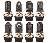 24 adornos para cupcakes de Halloween, lápidas terribles, brochetas de cementerio, decoración de cupcakes espeluznantes para accesorios de fiesta de Halloween