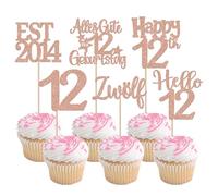 24 adornos para cupcakes EST 2014, 12º cumpleaños, decoración para tartas, purpurina, doce feliz cumpleaños, 12 pasteles, decoración para saludos en 12 años, aniversario, fiesta, decoración para