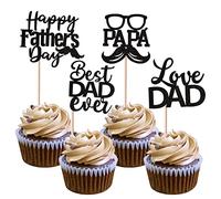 24 adornos para tartas Happy Father's Day con purpurina Best Dad Ever Cupcake Toppers Love Dad Moustache Glass para Happy Father's Day Party Men Cumpleaños Party Cake Decoration Black