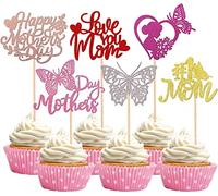 24 adornos para tartas Happy Mother's Day, corazón con purpurina, #1 mamá, mariposa, Love You Mom, Cake Toppers Decoración para cupcakes, decoración para cupcakes, decoración para el Día de la Madre,