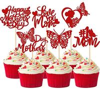 24 adornos para tartas Happy Mother's Day, corazón con purpurina, #1 mamá, mariposa, Love You Mom, Cake Toppers Decoración para cupcakes, decoración para cupcakes, decoración para el Día de la Madre,