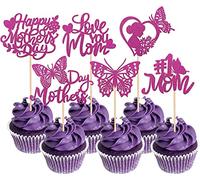 24 adornos para tartas Happy Mother's Day, corazón con purpurina, #1 mariposa Love You Mom Cake Toppers decoración para cupcakes para feliz día de la madre temática mujeres cumpleaños fiesta
