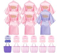 24 batas de fiesta de spa para niñas, 6 batas de fiesta de cumpleaños, 6 bolsas, 6 diademas, 6 máscaras para los ojos (Reino Unido, edad, 14 años, regular, cumpleaños morado)