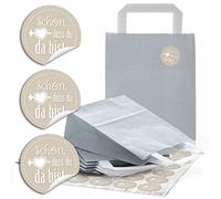 24 bolsas de papel gris claro + 24 unidades con texto en alemán "Schön dass du da bist" beige natural blanco pegatinas para regalo de boda, comunión, regalo, embalaje para regalos