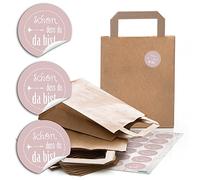 24 bolsas de papel marrones con asa de 18 x 8 x 22 cm, pequeñas bolsas de papel + pegatinas con texto en alemán "Schön dass du da bist", color rosa, rojo, rosa, paquete de regalo para invitados
