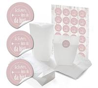 24 bolsas de papel pequeñas blancas con base de papel de 14 x 22 x 5,6 cm + 24 pegatinas redondas con texto en alemán "Schön dass du da bist" en color rosa para envolver regalos y otras cosas