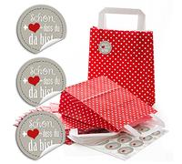 24 bolsas de papel pequeñas rojas para regalo, 18 x 8 x 22 cm + 24 pegatinas con texto en alemán "Schön dass du da bist", color gris, para regalo de invitados, fiesta