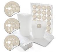 24 bolsas de regalo pequeñas blancas para obsequios con base de 14 x 22 x 5,6 cm + 24 pegatinas con texto en alemán "Schön dass du da bist" en beige 1819 para envolver regalos