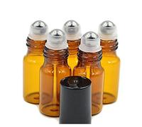 24 botellas de vidrio ámbar de 5 ml, rellenables, con bolas de rodillo de acero inoxidable y tapas negras para aceites esenciales, aromaterapia, perfumes, bálsamos labiales