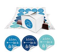 24 cajas de regalo pequeñas blancas - 8 x 6,5 x 5,5 cm + pegatinas redondas de color turquesa, con el texto «Schön, dass du da bist». Para regalos / obsequios / recuerdos para invitados