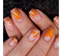 24 capas hojas de arce uñas acrílicas de Acción de Gracias prensa en las uñas cubiertas completas cortas en las uñas que caen las uñas uñas postizas para mujer