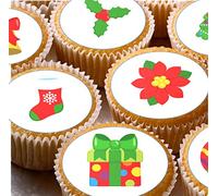 24 comestibles PRE CUT mixtos de Navidad para niños, decoración de fiesta para cupcakes en papel de arroz de oblea