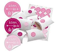 24 De Regalo Pequeña caja cajas de regalo cajas color blanco efecto madera (14,5 x 10,5 cm, 3 cm de altura) + Pegatinas redondas Schön, dass du da bist en 3 Rosa Pink Rose Colores 4 cm de diámetro;