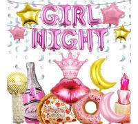 24 decoraciones de fiesta nocturna para niñas, globos de noche para niñas, corona, lápiz labial, dona, pizza, estrella, luna, globos de aluminio, guirnalda para pijamas, fiestas de pijamas, spa,