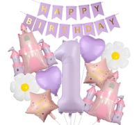 24 decoraciones de primer cumpleaños para niñas, globo de castillo de princesa, globo número 1 y pancarta de feliz cumpleaños, decoraciones de fiesta de princesa para cumpleaños, baby shower y