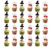 24 decoraciones para cupcakes, adorno de sombrero de papel con forma de bruja y corona, suministros para fiestas malvadas, adornos para cupcakes y postres, ideales para fiestas temáticas