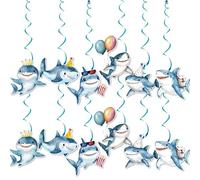 24 espirales colgantes de fiesta de tiburón, suministros de cumpleaños de tiburón bebé, decoración de techo con temática de tiburones oceánicos azules y blancos para baby shower, cumpleaños