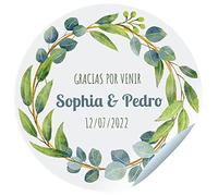 24 Etiquetas adhesivas para celebraciones. Pegatinas personalizadas con nombre, fecha y dedicatoria para los regalos de tus invitados.Tamaño 45mm de diámetro. (Modelo 1)