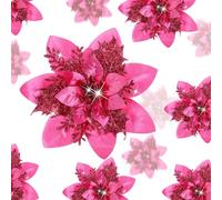 24 Flores de Navidad Artificiales Flores de Pascua con Purpurina Flor de Nochebuena Flor de Poinsettia Navideña con Clips Adorno de Árbol de Navidad Boda, 15 cm, 10 cm, 8 cm (Fucsia)