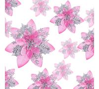 24 Flores de Nochebuena Artificiales con Purpurina para Navidad Decoraciones de Flores de Boda Adornos de Árbol de Navidad con Clips, 6 Pulgadas, 4 Pulgadas, 3 Pulgadas (Rosa y Plata)