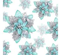 24 Flores de Nochebuena Artificiales con Purpurina para Navidad Decoraciones de Flores de Boda Adornos de Árbol de Navidad con Clips, 6 Pulgadas, 4 Pulgadas, 3 Pulgadas (Plata y Verde)