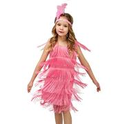 24 historias Adviento adulto flecos, vestido de baile latinoamericano, borla, vestido de tango, traje de salón de baile con diadema de plumas gasa para niñas, Rosa., 7-9 años
