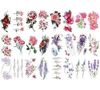 24 hojas de tatuajes temporales 3D de flores de lavanda con acuarela for mujer, arte corporal, tatuaje falso for brazo, pegatinas impermeables