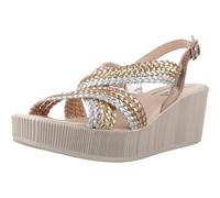 24 HRS - Sandalia de Piel Trenzada Metalizada para Mujer con Cuña 6,5 cm y Tecnología Ondusoft - Cuero para: Mujer Color: Combi Met Talla: 38