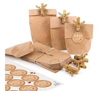 24 Kleine marrón Mini Bolsas de papel 15 x 9 x 3,5 cm + ciervo grapas Gold + 24 redondas Schön dass du da bist Pegatinas corazón rojo color blanco beige del paquete regalo