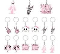 24 llaveros de Bad Two the Bone con temática de roca, decoraciones de cumpleaños para niña, calavera de hueso, recuerdos de fiesta de nacimiento, 2 llaveros acrílicos de roca, llaveros rosas para niño