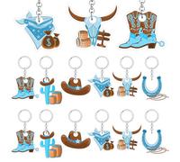 24 llaveros de vaquero occidental, llaveros de vaquero acrílico azul, botas, accesorios de regalo, recuerdos de fiesta del salvaje oeste, recuerdos de fiesta para vaquero occidental, último rodeo