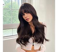 24" Long Black Brown Wavy Wig with Bangs Synthetic Wigs for Women, Natural Wavy Heat Resistant Hair for Daily Cosplay Party