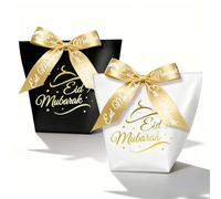 24 mini cajas de regalo para Eid Mubarak bolsas de regalo Bayram bolsas blancas y negras con 24 cintas doradas para las festividades islámicas de Eid Mubarak regalos para fiestas (star)