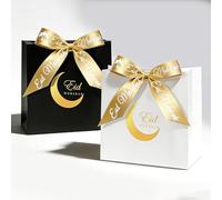 24 mini cajas de regalo para Eid Mubarak bolsas de regalo Bayram bolsas blancas y negras con 24 cintas doradas para las festividades islámicas de Eid Mubarak regalos para fiestas (moon)