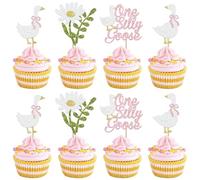 24 paquetes de decoración para tartas de cumpleaños de gansos tontos One Silly Goose Cupcake Topper blanco ganso decoración para tartas de cumpleaños para gansos bebé ducha niños temática fiesta