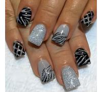24 PC Rayas Uñas Falsas Presionando Uñas Con Diseños De Tablero De Ajedrez Brillante Palillo En Uñas Corto Cuadrado Artificial Uñas