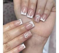 24 PCS Bows Stick En Uñas Tonta Francesa Uñas Artificiales Cuadros Cortos Uñas Falsas Prensa Brillante En Uñas Para Mujeres Chicas