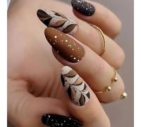 24 PCS Fall Press On Ups Long Almond False Cubiertas Completas Stick Sobre Hojas De Café Acrílico Para Mujeres