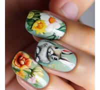 24 Pcs Flowers False Nails Green Artificial Easter Rabbits Full Covers Stick On Short Square Press On