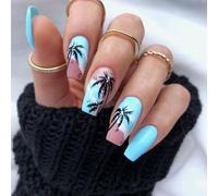 24 Pcs Glossy Full Covers Stick on Nails Coconut Tree Press on Gradient Artificial Long False