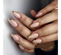24 PCS Gold French Tip Press On Nails Almond Shape False Reutilizable Acrílico Las Cubiertas Completas Brillantes Se Adhieren